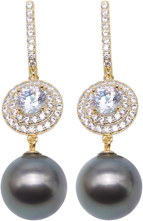 JYX Pearl Sterling Silver Drop Earrings AAA Quality 9.5 mm Round Black Tahitian Cultured Pearl Dangle Earrings with Spakling Zircon-inlaid